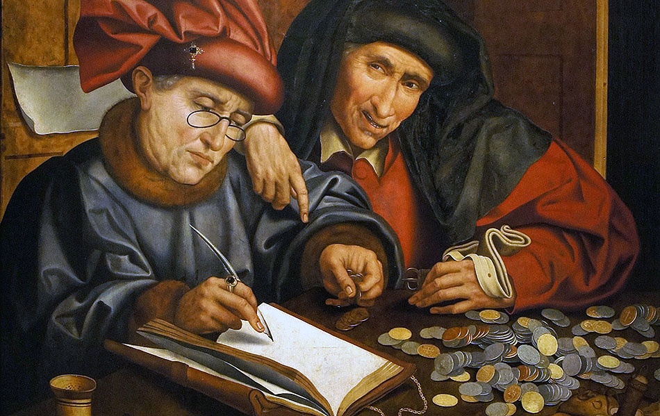 Výbercovia daní na obraze Marinusa van Reymerswaeleho z prvej polovice 16. storočia.