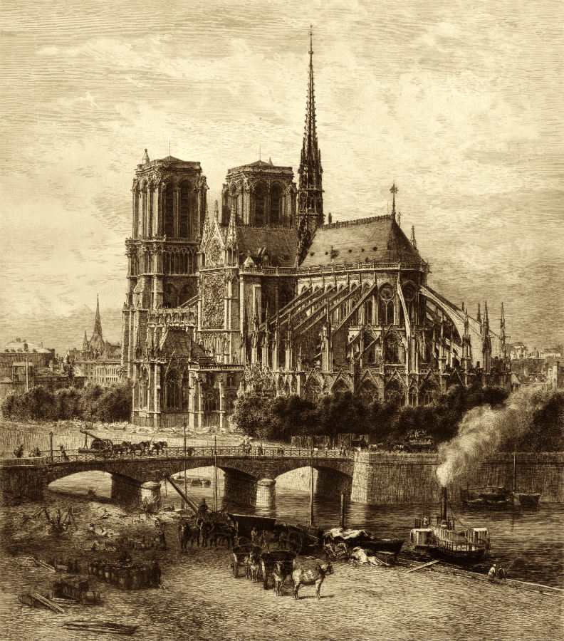Katedrála Notre Dame na rytine z druhej polovice 19. storočia, už aj s vežou, ktorá sa na ňu vrátila pri rekonštrukcii.