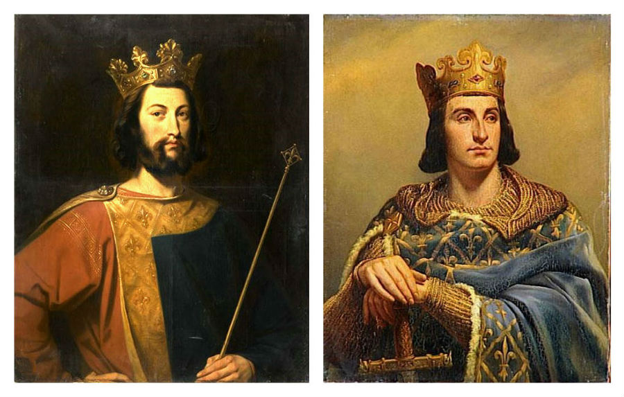 Francúzski králi Ľudovít VII. (vľavo, na obraze Henriho Decaisnea z roku 1837) a Filip II. August (vpravo, na obraze Louisa-Félixa Amiela, z polovice 19. storočia)