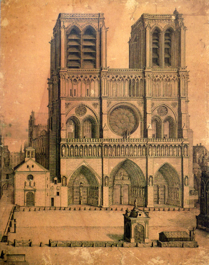 Priečelie Katedrály Notre Dame v Paríži na kresbe z roku 1699.