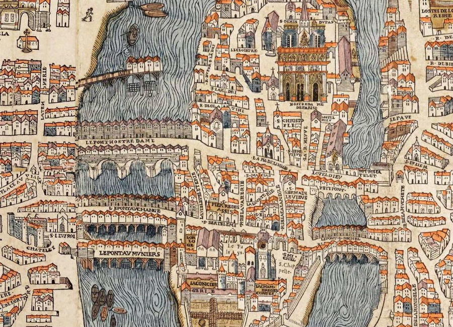Mapa parížskeho ostrova Cité z roku 1550 aj s miniatúrou Notre Dame.