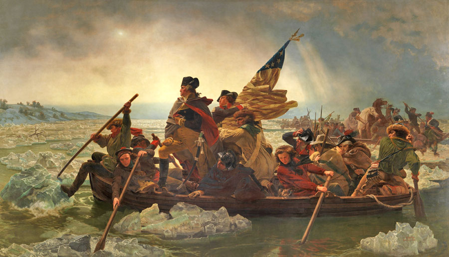 George Washington prekračuje rieku Delaware. Takto stvárnil slávny prechod Washingtonovho vojska cez zamrznutý vodný tok v decembri 1776, ktorý predchádzal víťaznej bitke pri Trentone, maliar Emanuel Leutze.