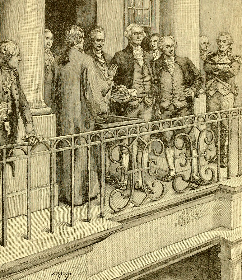 Inaugurácia prvého amerického prezidenta Georgea Washingtona na balkóne newyorskej Federal Hall 30. apríla 1789.
