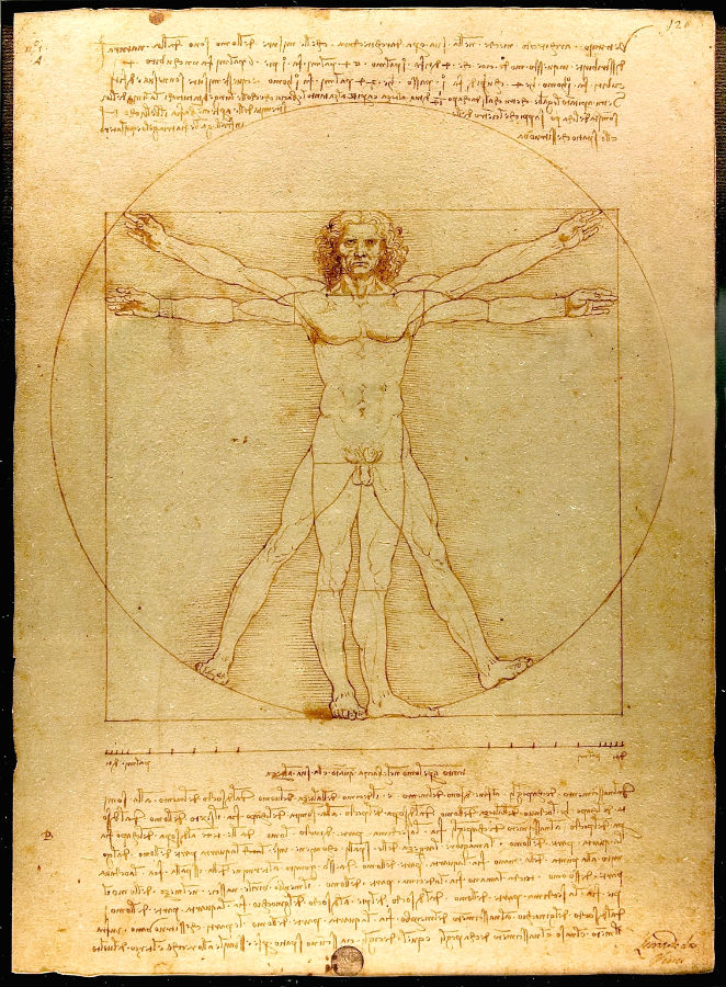Ikonická Leonardova kresba dokonale proporčného muža s roztiahnutými rukami a nohami vo vnútri štvorca, známa ako Vitruviánsky muž