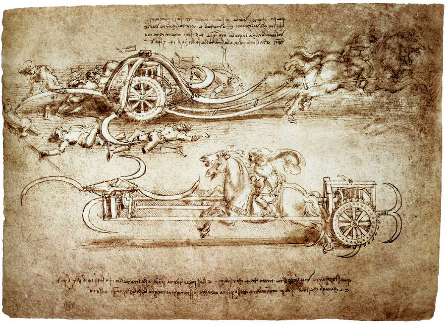 Da Vinci navrhoval aj zbrane, takto by podľa jeho predstáv vyzeralo bojové vozidlo, ktoré by nepriateľských vojakov sekalo dlhými zahnutými nožmi.