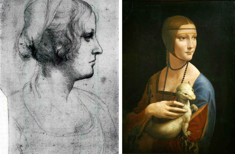 Slávny obraz Dáma s hranostajom, vľavo je Leonardova kresba Cecilie Gallerani, favoritky milánskeho vojvodu Lodovica Sforzu, ktorú na maľbe stvárnil. 