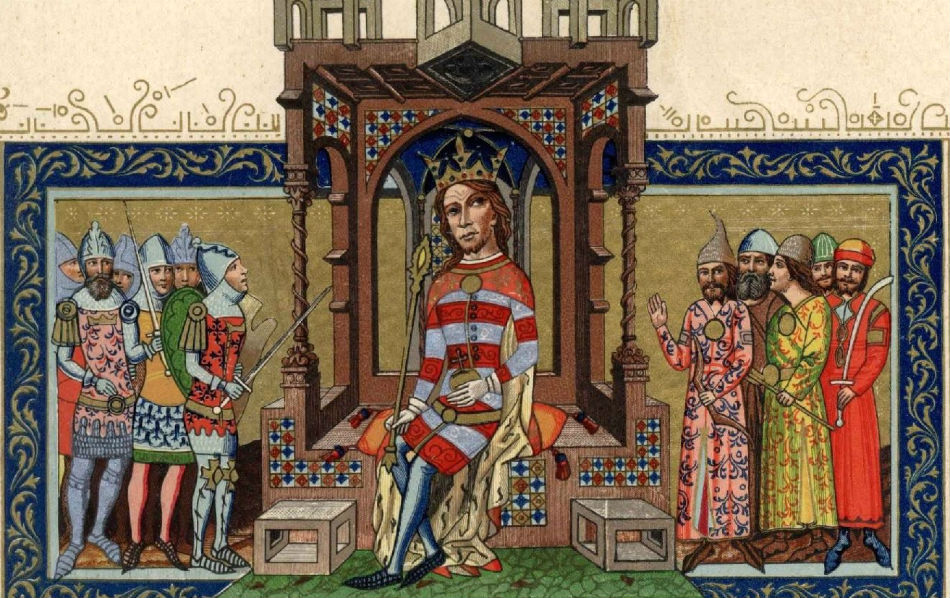Uhorský kráľ Ľudovít I. na iluminácii z Obrázkovej kroniky (Chronicon Pictum) zo 14. storočia.