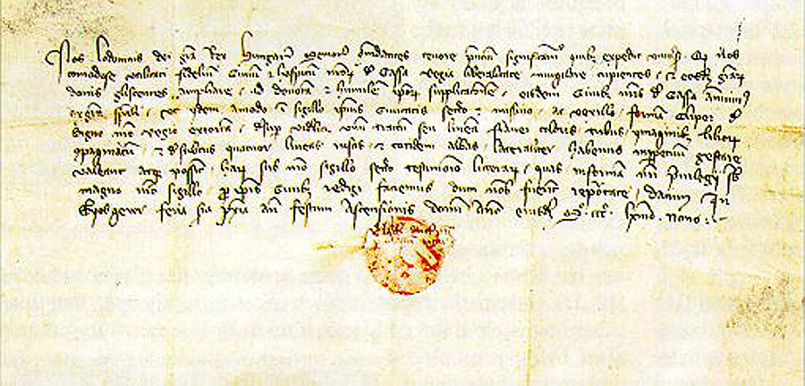 Listina, ktorou uhorský kráľ Ľudovít I. udelil Košiciam výsadu na používanie erbu. Jej originál dodnes uchovávajú v mestskom archíve.