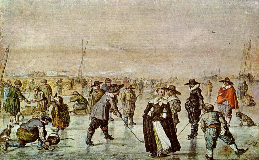 Zábava na ľade. Na obraze holandského maliara Hendricka Avercampa z prvej polovice 17. storočia je zachytená hra ijscolf, pripomínajúca neskorší ľadový hokej.