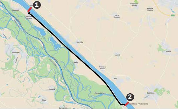Ak obyvatelia troch obcí nestihnú kompu (1), čaká ich takmer 35-kilometrová obchádzka cez Gabčíkovo (2).