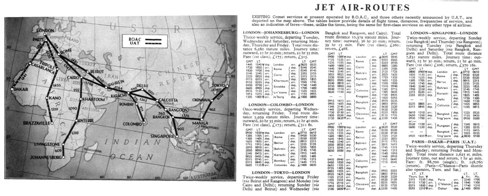 Lety Cometom boli oveľa rýchlejšie ako lietadlami s piestovými motormi. Podľa letového plánu z mája 1953 trval let z Londýna do Johannesburgu 21 hodín a 20 minút, do Tokia 36 hodín a 20 minút, do Singapuru 25 hodín a 30 minút a z Paríža do Dakaru 7 hodín a 40 minút. Samozrejme, s viacerými medzipristátiami.