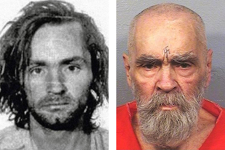 Charles Manson na fotografii z policajnej databázy z roku 1969 (vľavo) a na poslednej väzenskej snímke z roku 2017.
