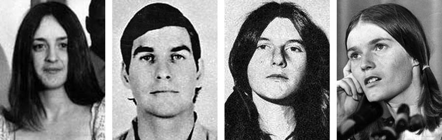 Štyria členovia Mansonovej „Rodiny“, ktorí v auguste 1969 vnikli do domu Sharon Tate a všetkých prítomných zavraždili. Zľava Susan Atkinsová, Charles „Tex“ Watson, Patricia Krenwinkelová a Linda Kasabianová.