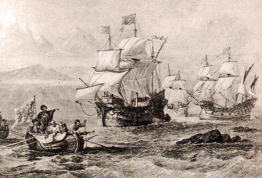 Magalhãesova flotila v prielive medzi Ohňovou zemou a dnešným Čile na kresbe z 19. storočia.