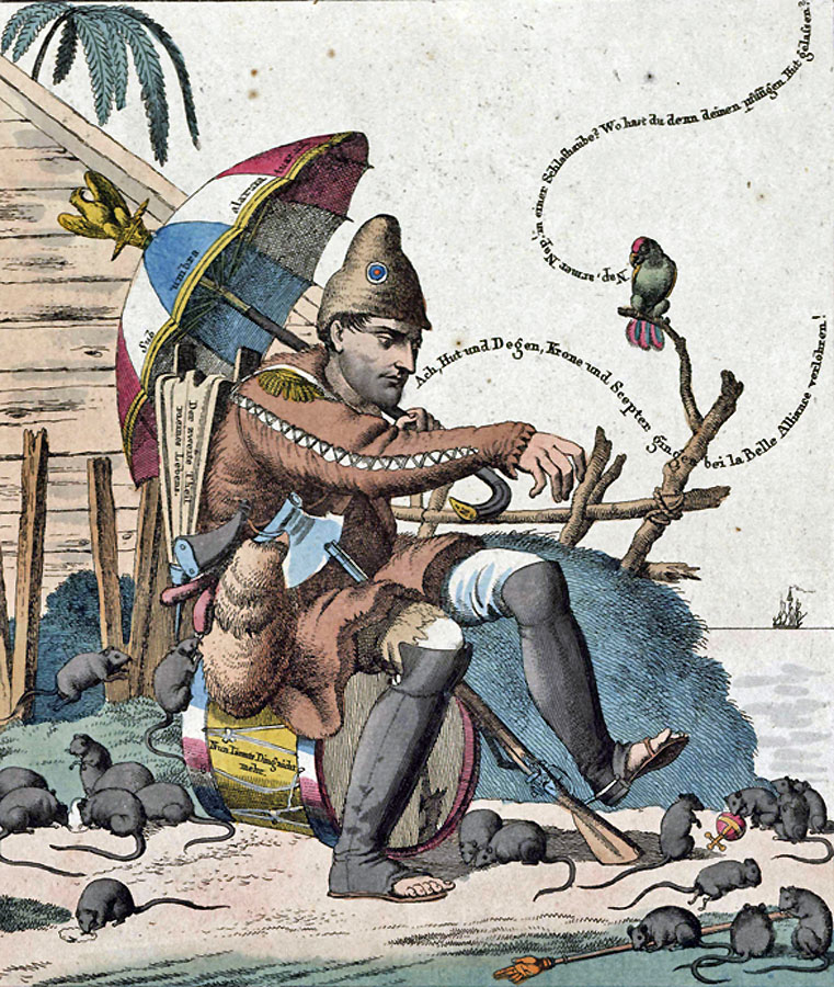 Karikatúra z roku 1815 zobrazujúca Napoleona na Ostrove sv. Heleny ako novodobého Robinsona.
