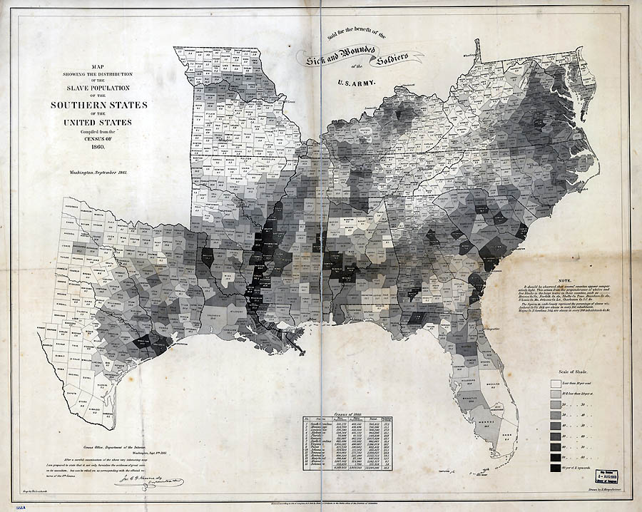 Populácia otrokov v južanských štátoch USA v roku 1860. Čím je na mape tmavšia farba, tým je ich percentuálny podiel v rámci obyvateľstva vyšší.