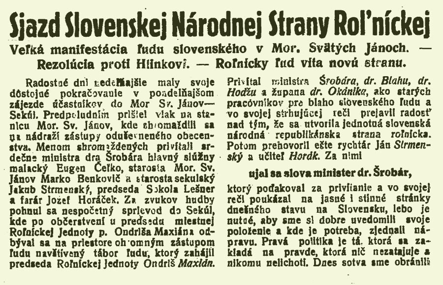 Informácia o vzniku agrárnej strany v Slovenskom denníku z 11. septembra 1919.