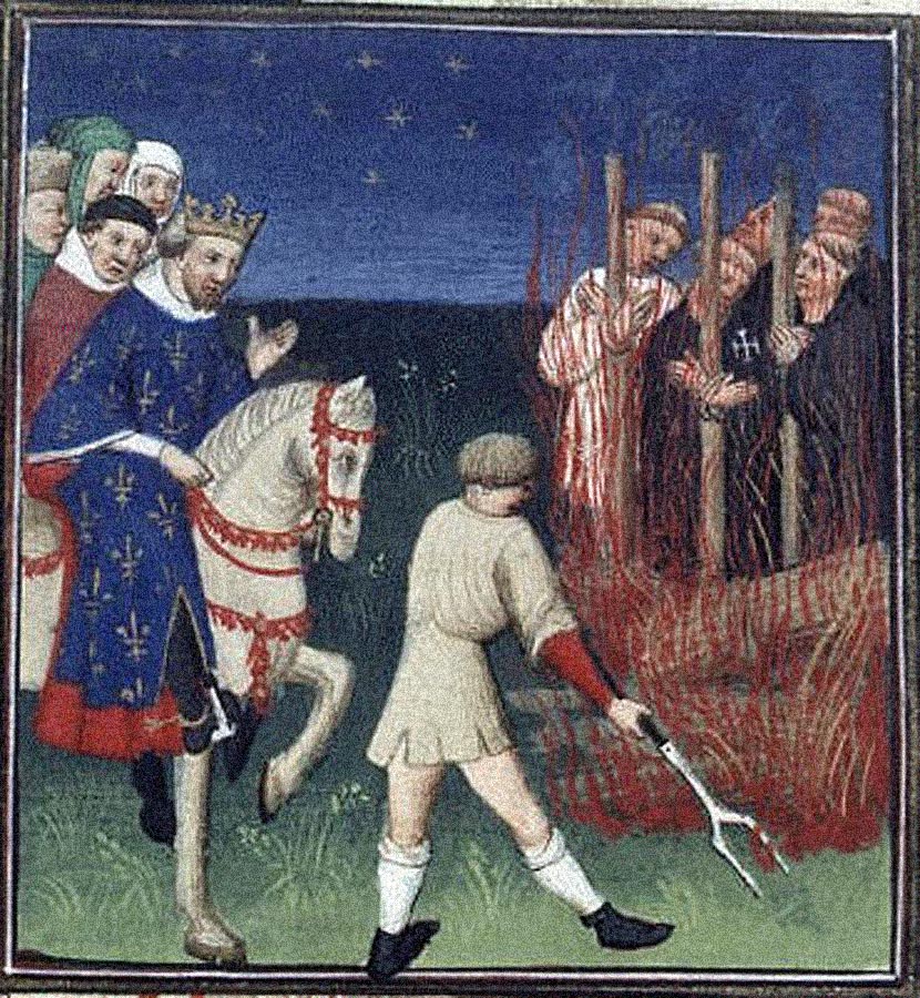 Francúzsky kráľ Filip IV. sa prizerá na upaľovanie templárov (miniatúra z 15. storočia).