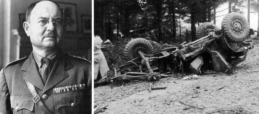 Jaroslav Vedral-Sázavský je jediným československým generálom, ktorý padol na fronte. Na snímke vpravo je vrak auta, v ktorom 6. októbra 1944 sedel, keď niekoľko metrov za štátnou hranicou nabehlo na protitankovú mínu.