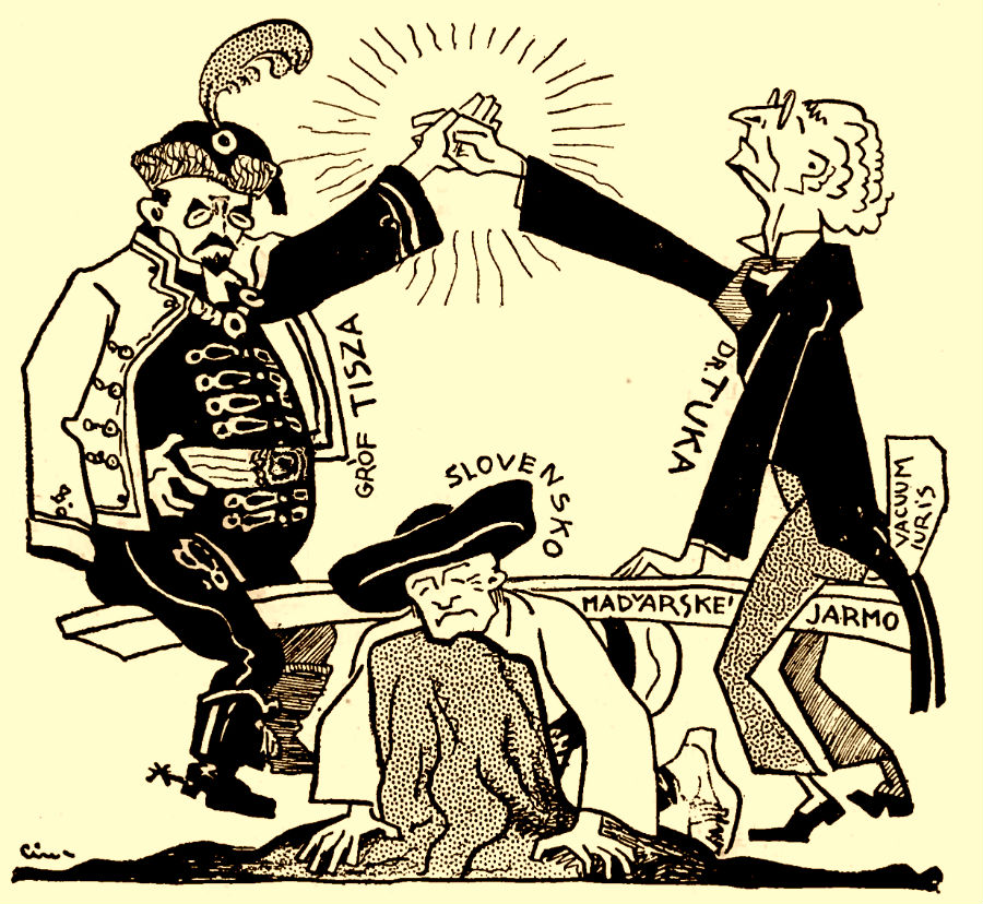 „Čert ako diabol. Pred prevratom sme mali Tiszistov, po prevrate máme Tisovských Tukistov,“ znel text pri tejto karikatúre, ktorá vyšla v satirickom magazíne Kocúr v priebehu procesu s Tukom.
