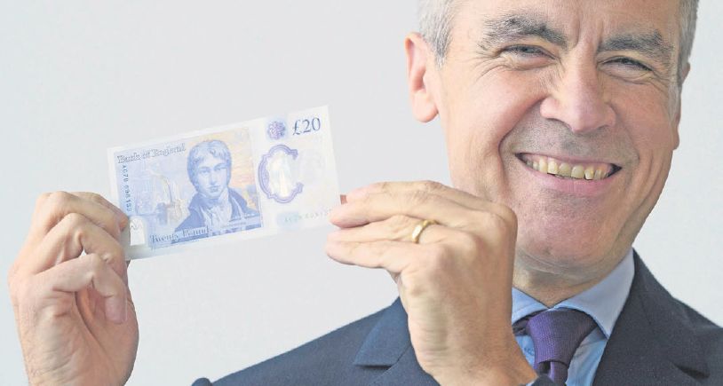 Guvernér Bank of England Mark Carney predstavuje novú 20-librovú bankovku. Jej kúpna sila v porovnaní s dolárom v ostatných týždňoch rastie.