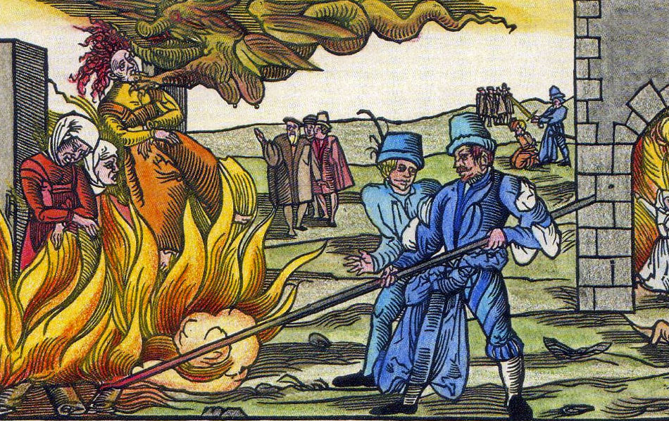 Leták z roku 1555, zobrazujúci upálenie dvoch žien odsúdených za spojenie s diablom v sasko-anhaltskom Derenburgu.  