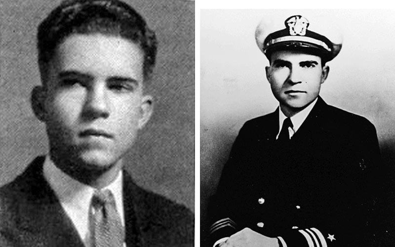 Na fotografii vľavo je Nixon ako študent v roku 1930, vedľajšia snímka je z roku 1945 a zachytáva ho ako poručíka amerického námorníctva.