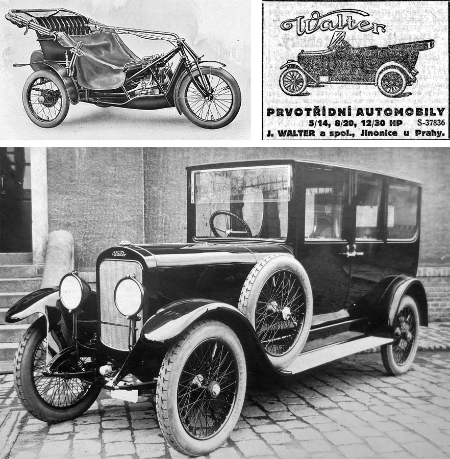 Už pred prvou svetovou vojnou slávil Josef Walter úspechy s motorovou trojkolkou (na snímke vľavo hore) a pustil sa do výroby automobilov. Vpravo hore je reklama na vozidlá Walter W-I z roku 1914, na snímke dolu je limuzína Walter WZ z roku 1920.