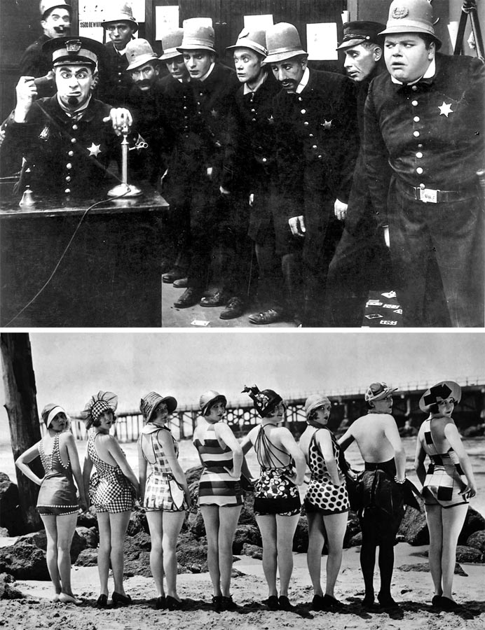 Nešikovní keystonskí policajti (Keystone Cops) a kúpajúce sa krásky (Sennett Bathing Beauties) nesmeli vo väčšine Sennettových grotesiek chýbať.