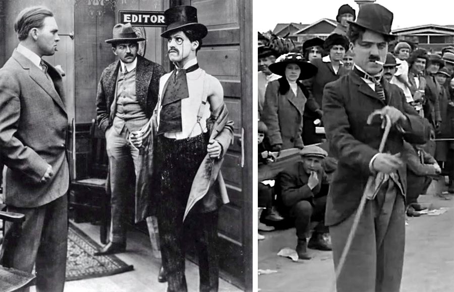 Charlie Chaplin v prvom filme Making a Living veľmi nezaujal (na ľavej fotografii je to ten mladík v cylindri), v druhom, Kid Auto Races at Venice, sa však už objavil v kostýme tuláka, ktorý sa časom stal jeho symbolom.