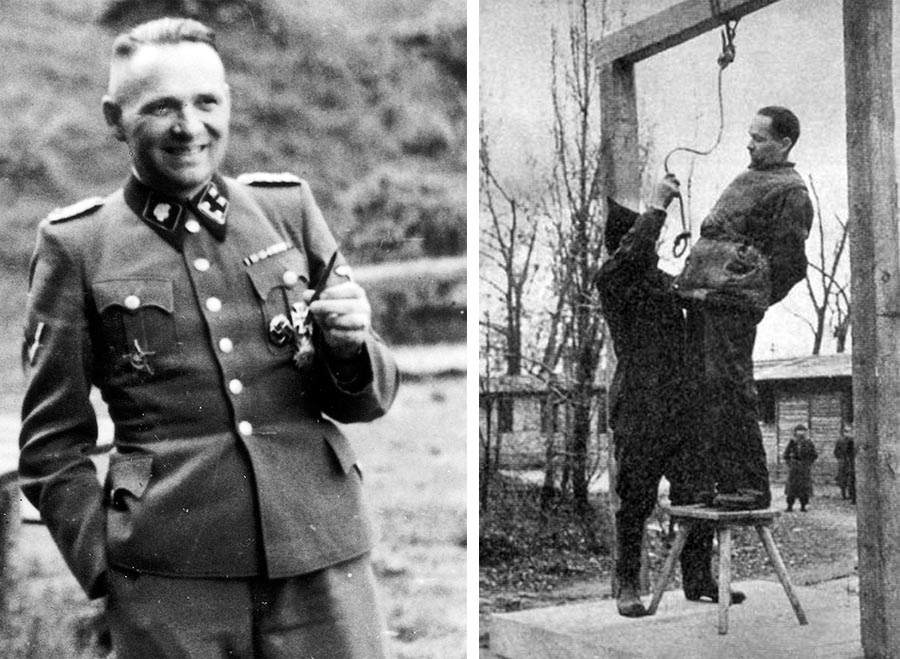 Rudolf Höss, vľavo v časoch keď bol veliteľom tábora v Osvienčime, snímka vpravo zachytáva jeho popravu.
