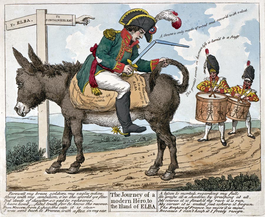 Dobová karikatúra, zobrazujúca Napoleonov potupný odchod na Elbu.