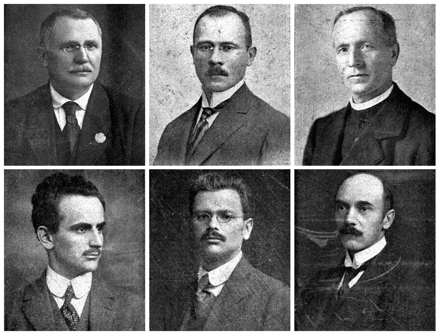 K najvýraznejším osobnostiam slovenského politického života v roku 1920 patrili (v hornom rade zľava) Vavro Šrobár, Milan Hodža, Andrej Hlinka, (v dolnom rade zľava) Ivan Markovič, Ivan Dérer a Milan Ivanka.