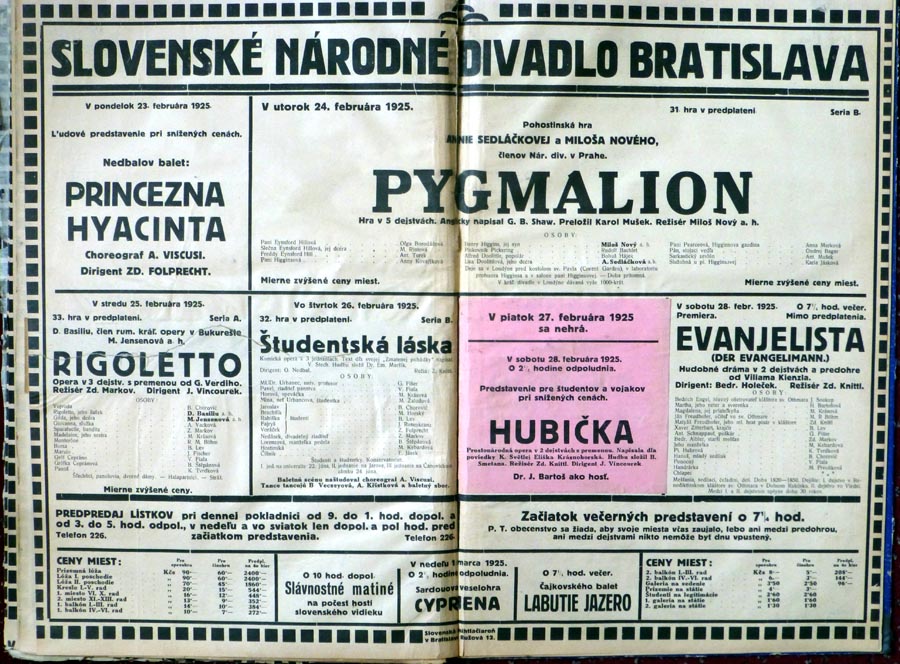 Programový plagát Slovenského národného divadla z konca februára 1925.