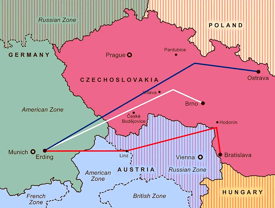 Trasy letov unesených strojov Československých aerolínií z 24. marca 1950. Postupne odštartovali z Brna, Ostravy a Bratislavy, namiesto Prahy sa však ich cieľom stal západonemecký Erding, kde bola americká vojenská základňa.