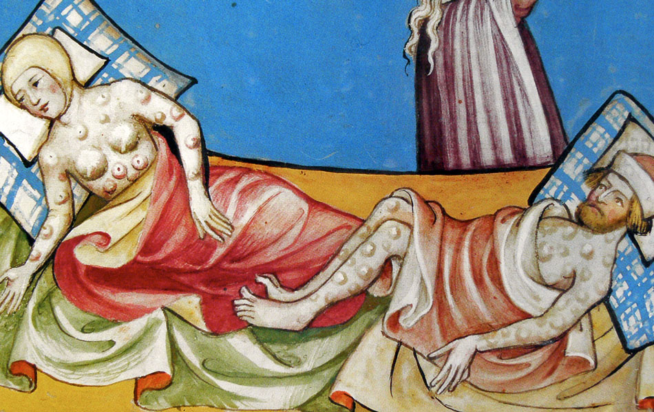 Ľudia nakazení morom na ilustrácii z Toggenburskej biblie z roku 1411.