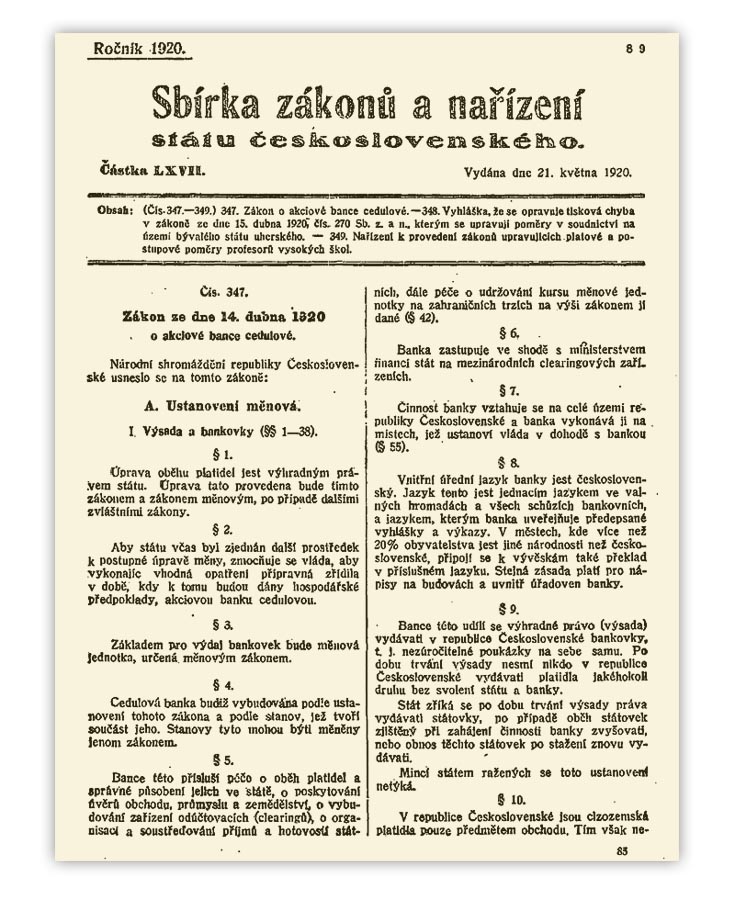 Zákon o akciovej ceduľovej banke prijal parlament v apríli 1920, samotná Národná banka Československá však začala svoju činnosť až o šesť rokov neskôr.