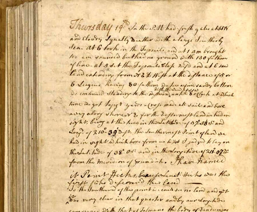 Záznam z lodného denníka z 19. apríla 1770, keď sa posádka Endeavouru vylodila na pobreží dnešnej Austrálie.