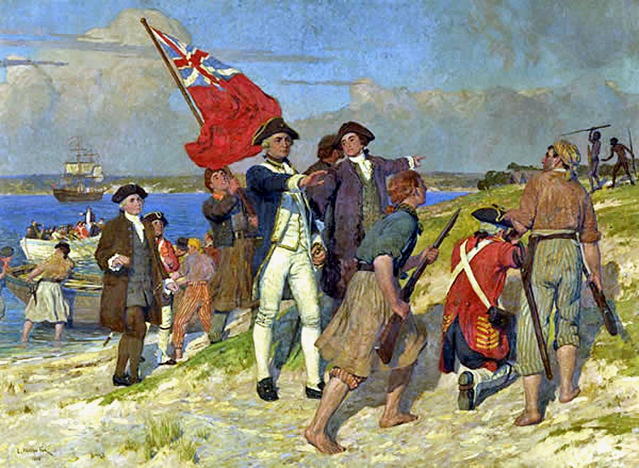 James Cook a jeho muži na pobreží nového kontinentu. Záliv, v ktorom sa vylodili, pomenoval najprv Sting Ray Bay, neskôr názov zmenil na Botany Bay, čiže Botanický záliv. 