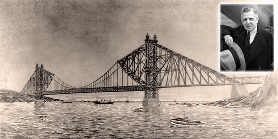 Prvý návrh mosta cez úžinu Golden Gate. Joseph Strauss (na malej snímke) s ním v roku 1917 ešte neuspel.
