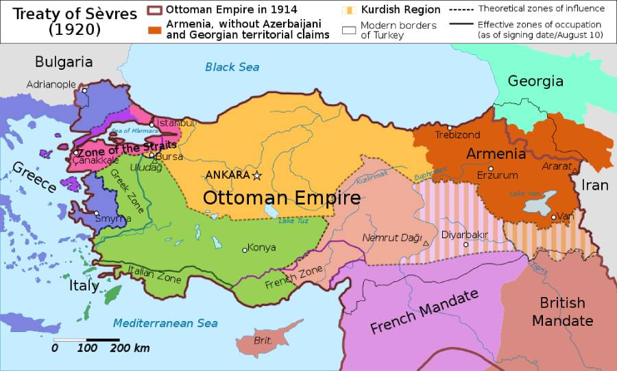 Rozdelenie Osmanskej ríše podľa mierovej zmluvy zo Sèvres.