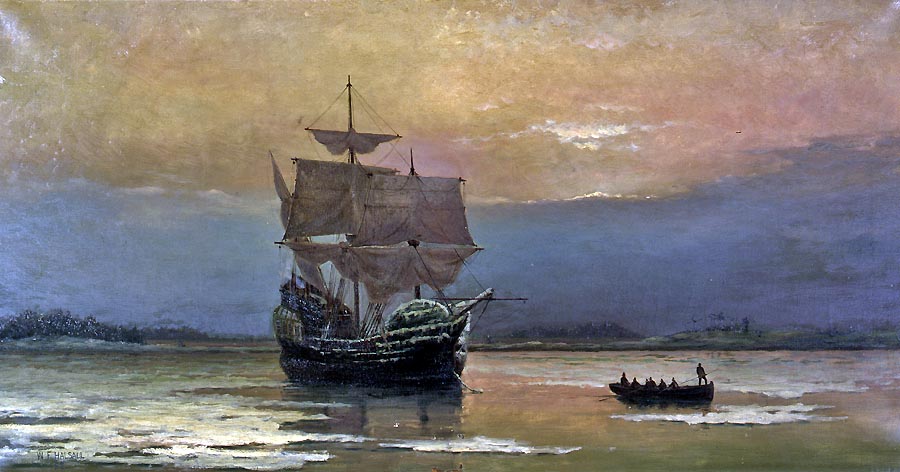 Loď Mayflower v prístave Plymouth na obraze Williama Halsalla z roku 1882.