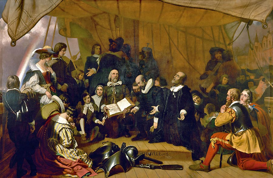 Puritánski pútnici počas plavby na americký kontinent, ako si ich predstavoval o dve storočia neskôr americký maliar Robert Walter Weir.
