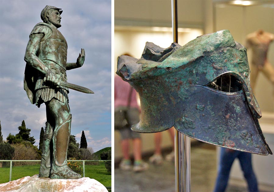 Strojcom aténskeho víťazstva pri maratóne bol Miltiades. Na snímke vľavo je jeho socha, ktorú na niekdajšom bojisku po stáročiach postavili, vpravo je údajne jeho prilba.