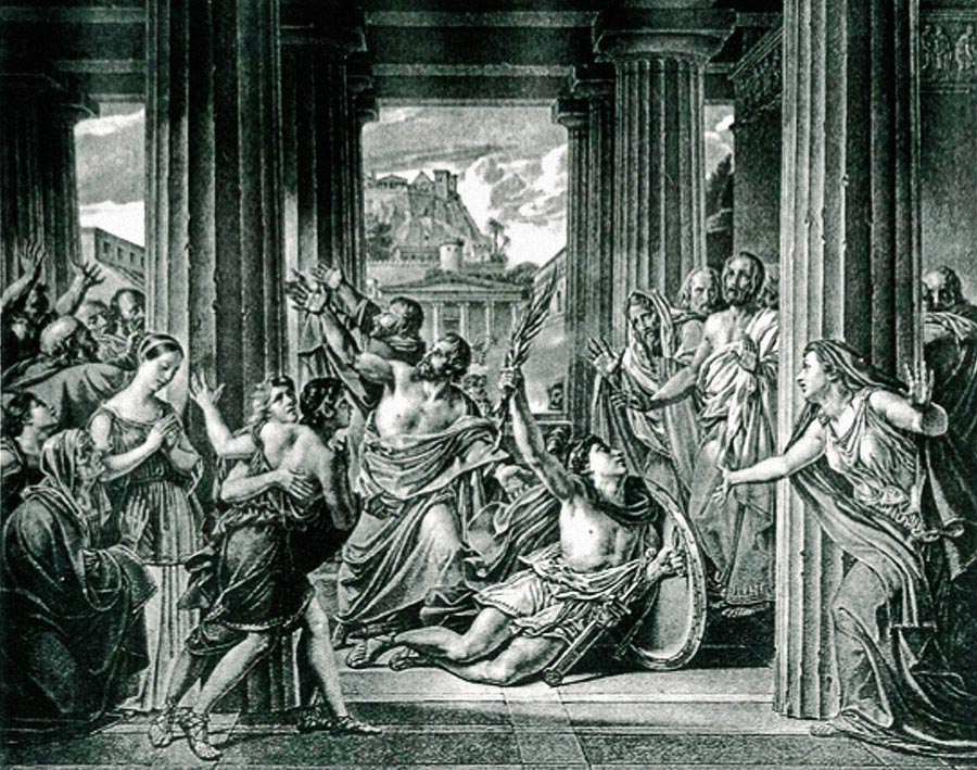 Romantický výjav zachytávajúci posla, ktorý dobehol Aténčanom oznámiť, že ich vojsko pri Maratóne zvíťazilo. 