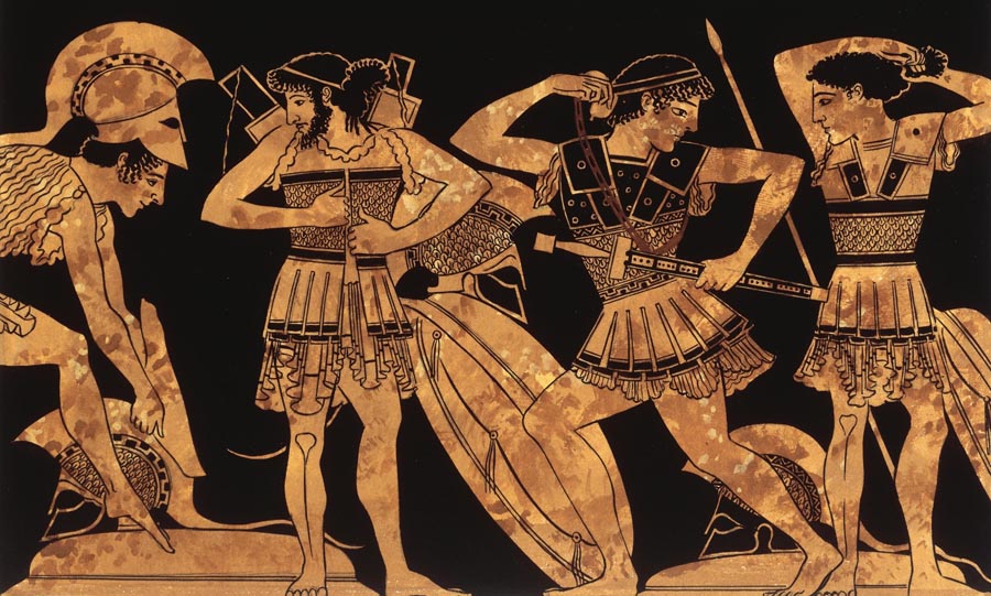 Hopliti obliekajúci sa do svojich brnení na výjave z gréckej vázovej maľby pochádzajúcej z 5. storočia pred naším letopočtom.