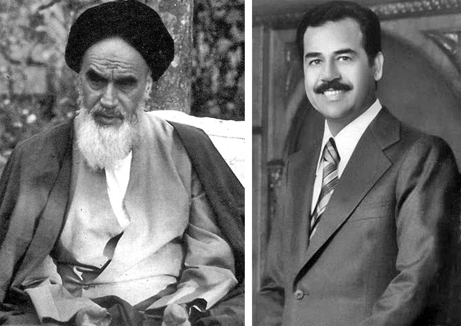 Lídri susedných znepriatelených štátov v roku 1980. Vľavo iránsky duchovný vodca Rúholláh Chomejní, vpravo iracký prezident Saddám Husajn.