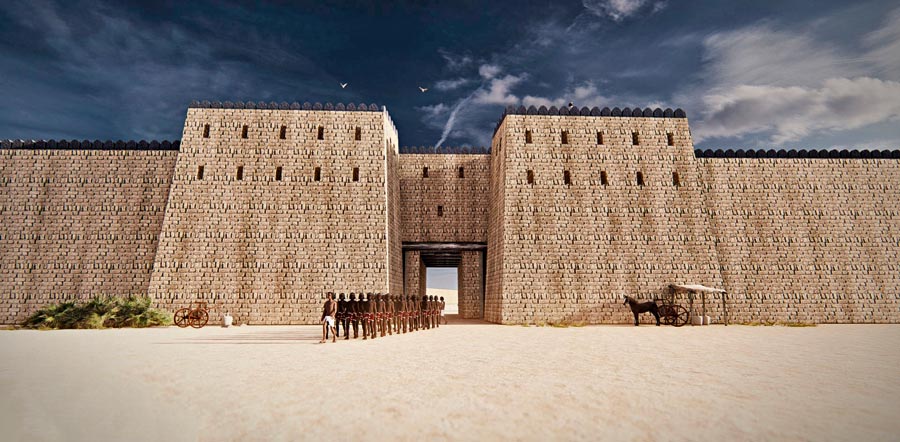 Takto vyzerá vizualizácia obrovskej pevnosti s rozmermi dvesto krát štyristo metrov a múrmi hrubými asi desať metrov, ktorú dal v lokalite Tell el-Retábí vybudovať faraón Ramzes III.