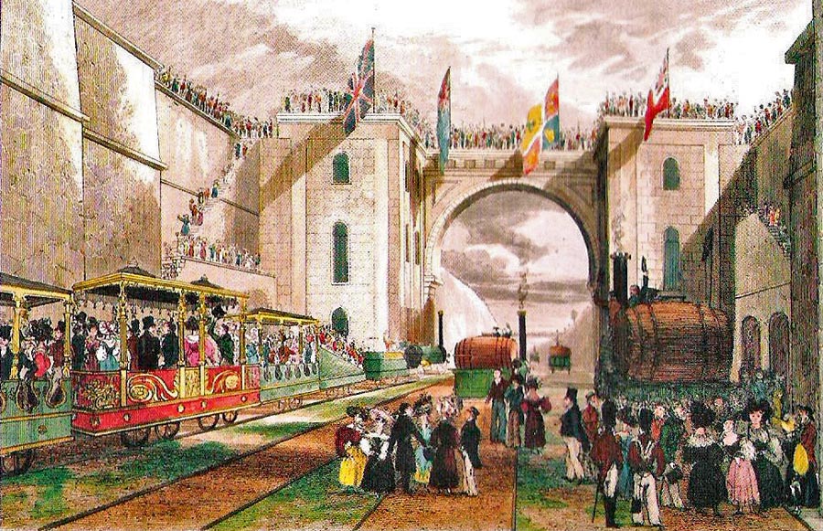 Dobová kresba slávnostného otvorenia železnice z Liverpoolu do Manchestru 15. septembra 1830, ktoré sa, bohužiaľ, stalo aj prvým historicky zaznamenaným fatálnym železničným nešťastím.