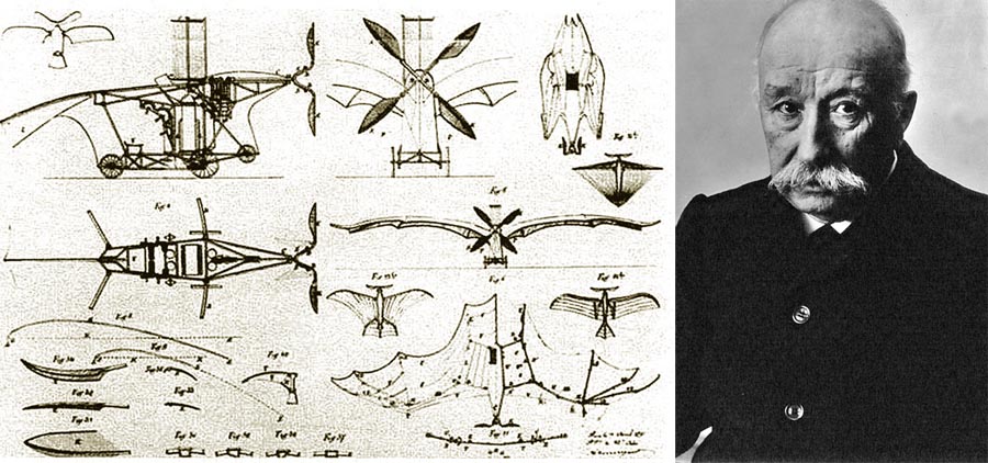 Clément Ader a jeho lietajúci stroj Éole na nákrese z patentovej listiny.